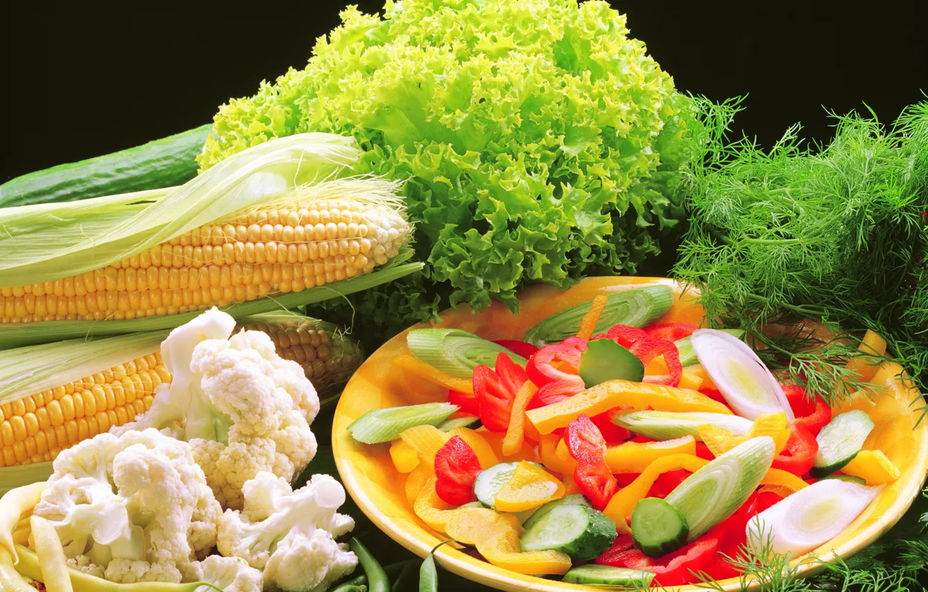 Фото обои зелень, кукуруза, лук, перец, овощи, fresh, капуста, corn