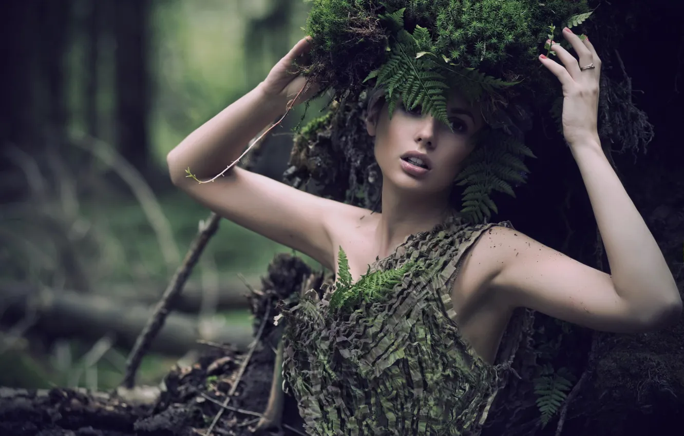 Фото обои листья, девушка, ветки, природа, дерево, мох, папоротник, венок