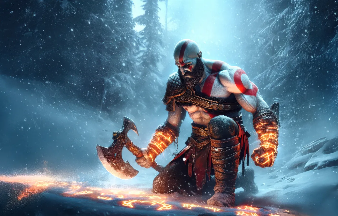 Фото обои god of war, weapon, kratos, sony, snow, man, blade, cool