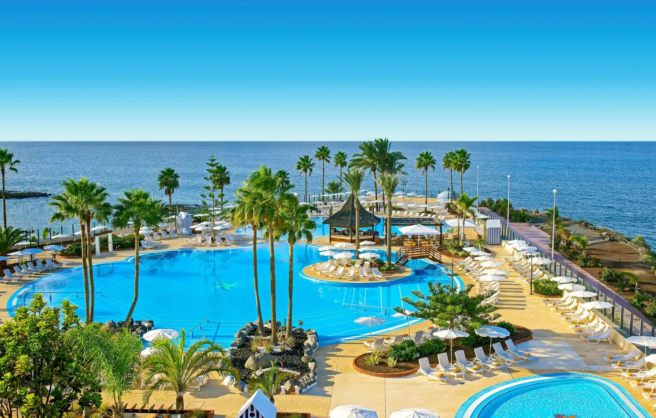 Фото обои море, пальмы, бассейн, отель, Испания, Тенерифе, Канары, Iberostar Selection Anthelia