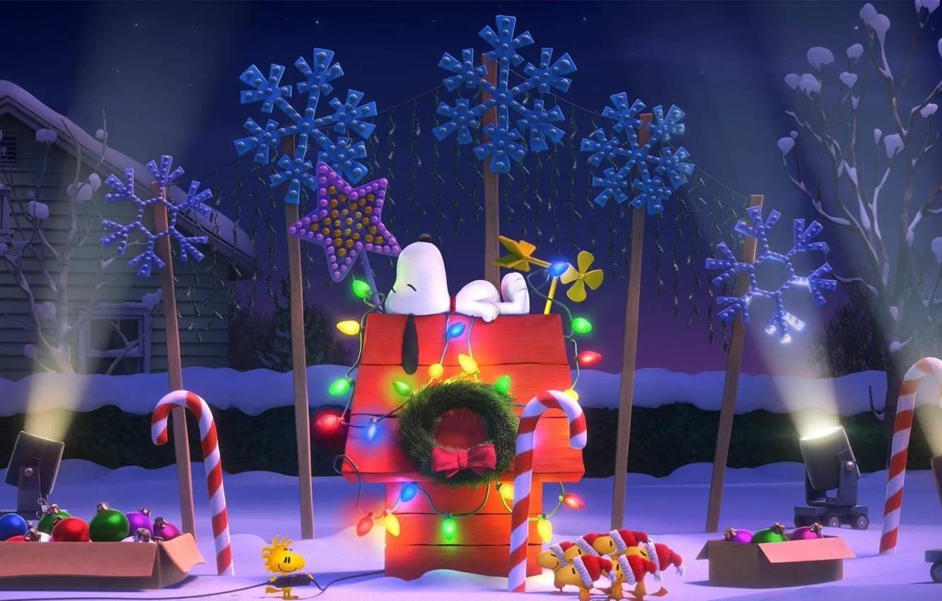 Фото обои lights, christmas, puppy, bird, dog, flowers, snow, cartoon