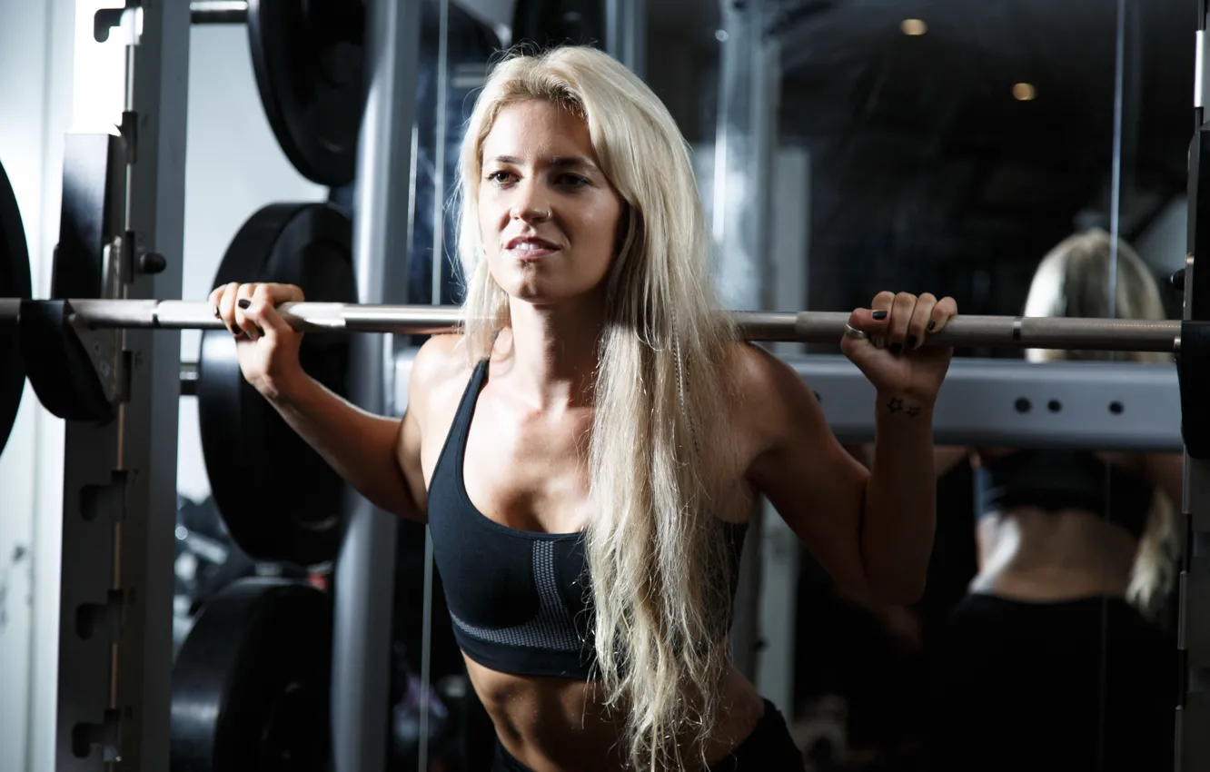 Фото обои woman, blonde, fitness, weight lifting, weight bar