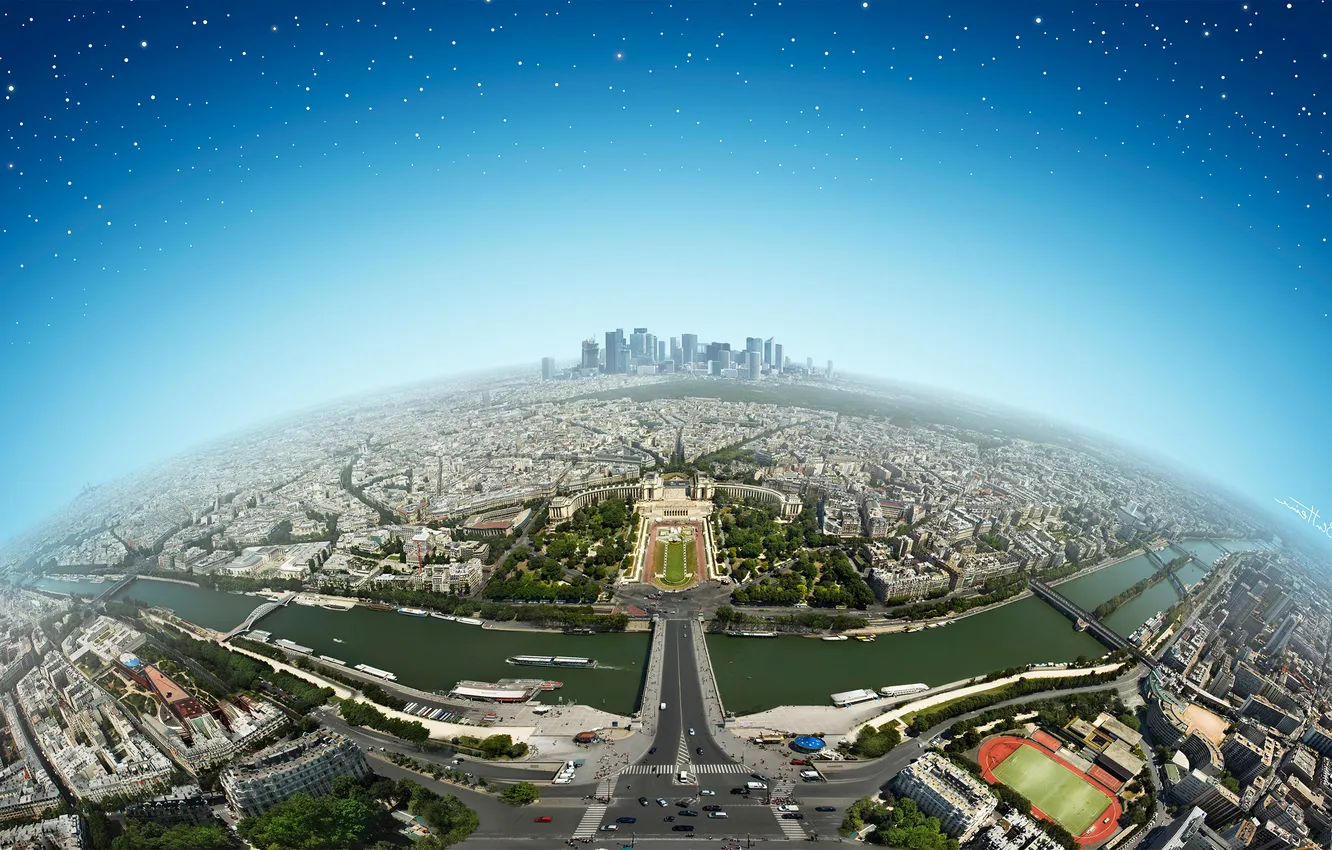Фото обои небо, космос, мост, река, Франция, Париж, дома, панорама
