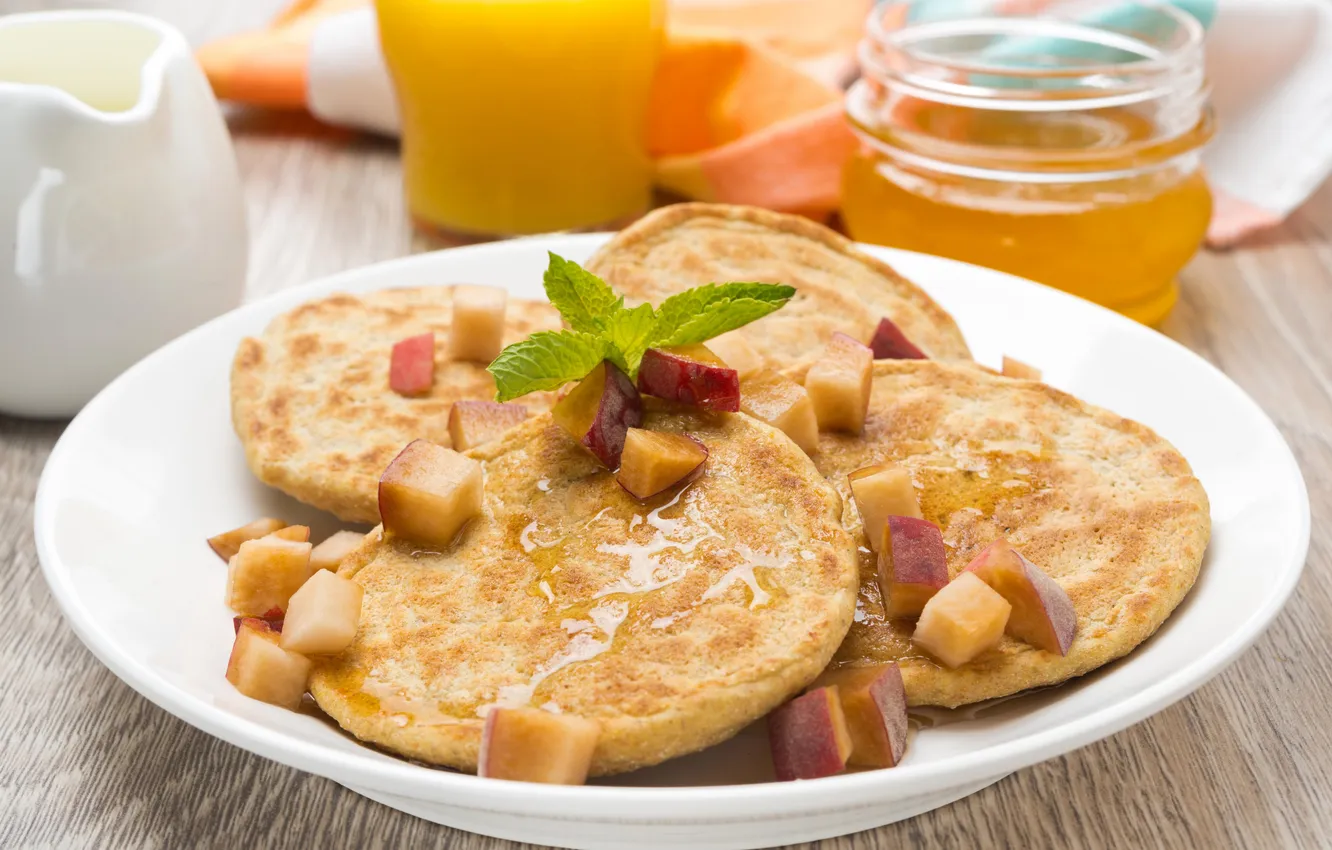 Фото обои завтрак, мед, honey, pancakes, оладьи, Breakfast, листики мяты, mint leaves
