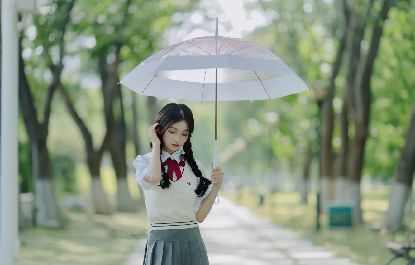 Фото обои Beautiful, Asian, Model, Umbrella, Woman, Pretty, Outdoor, Closed Eyes