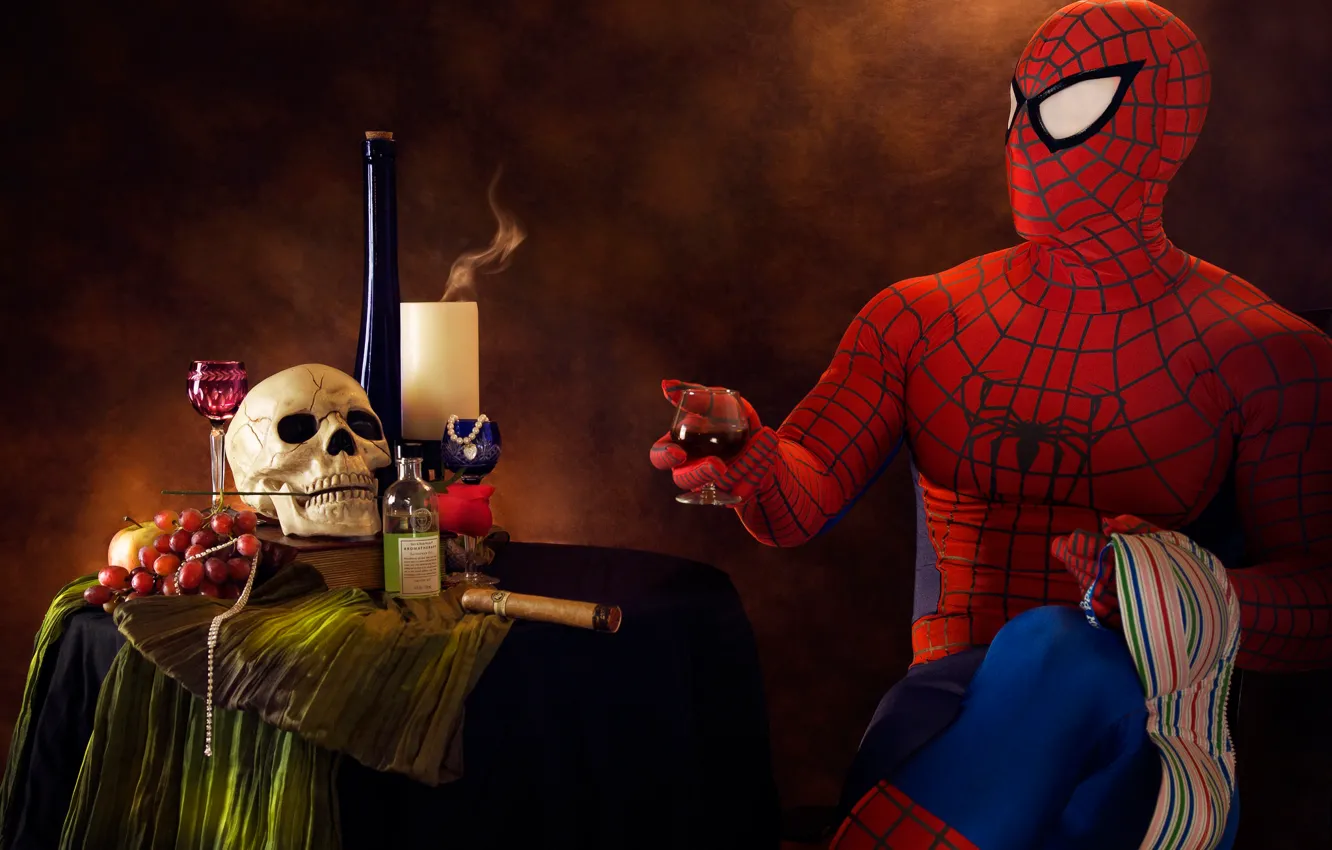 Фото обои череп, юмор, сигара, выпивка, человек паук