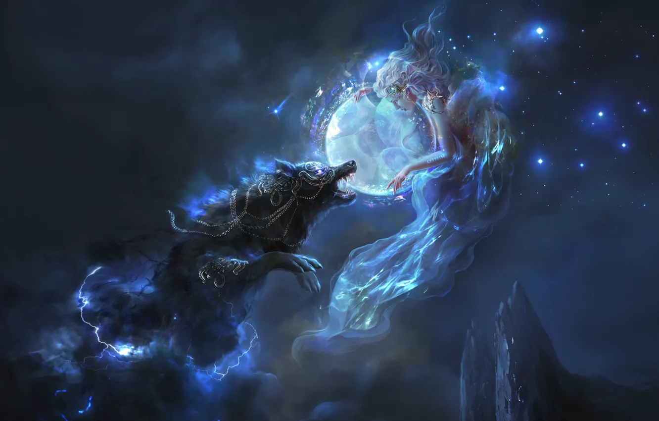 Фото обои девушка, звезды, горы, ночь, луна, молния, волк