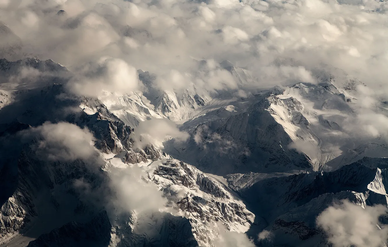 Фото обои landscape, mountains, clouds, snow, top view