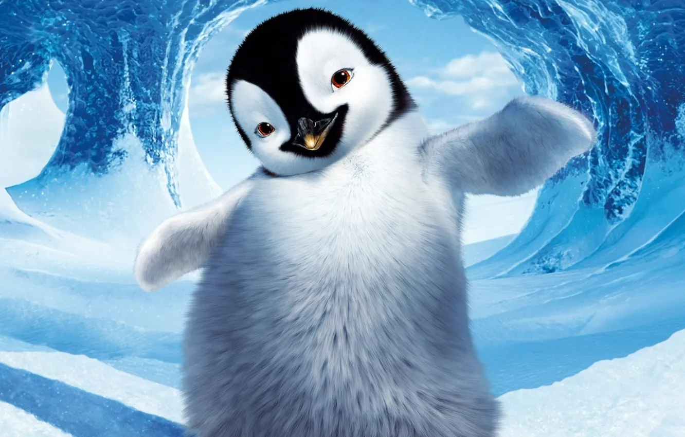 Фото обои зима, снег, лёд, пингвин, персонаж, Делай ноги, Мультфильм