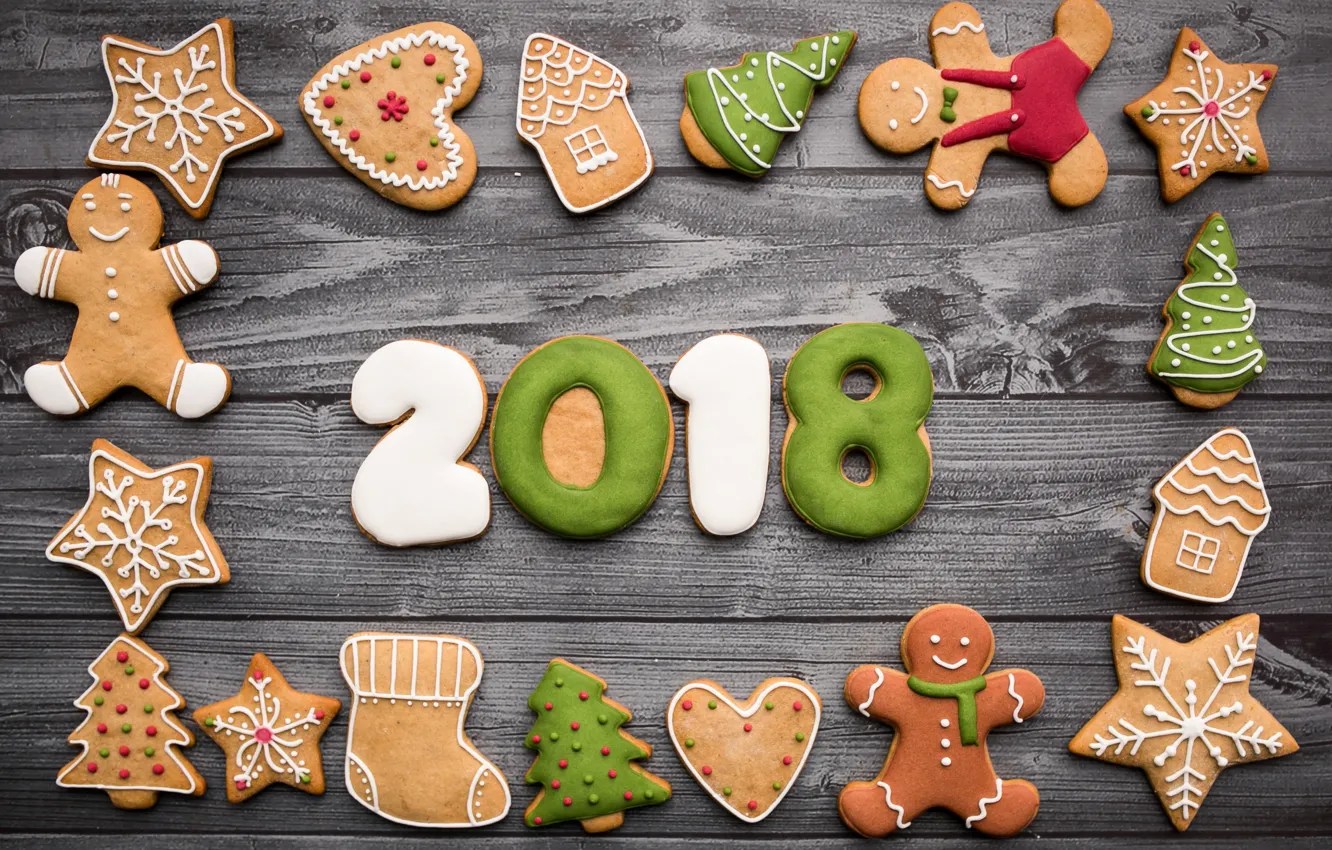Фото обои Christmas, food, wooden, 2018, New Year, holiday, sweets, cookies