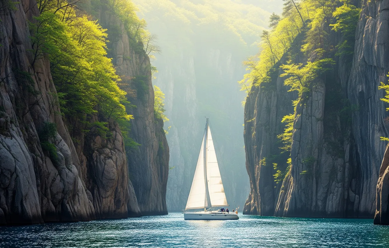 Фото обои вода, скалы, обои, парусник, яхта, арт, wallpaper, water