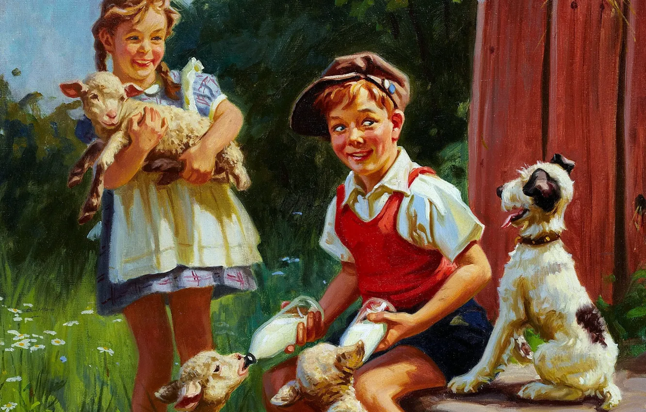Фото обои дети, собака, мальчик, девочка, Summer, children, кормление, ягнята