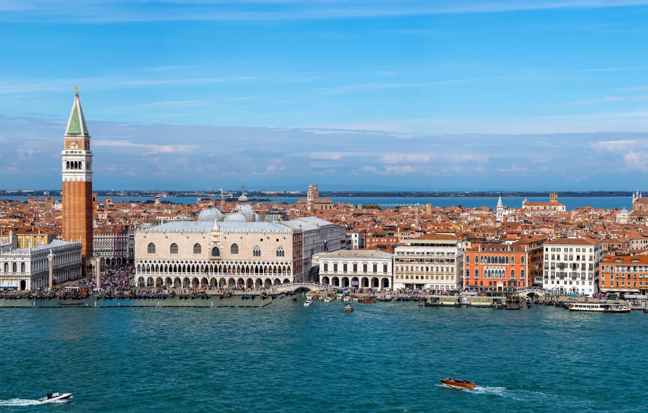 Фото обои здания, башня, Италия, панорама, Венеция, канал, катера, набережная