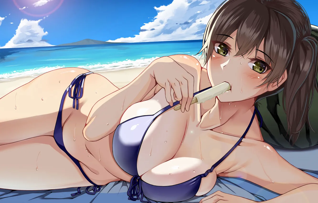 Фото обои girl, sexy, cleavage, beach, green eyes, sea, boobs, anime