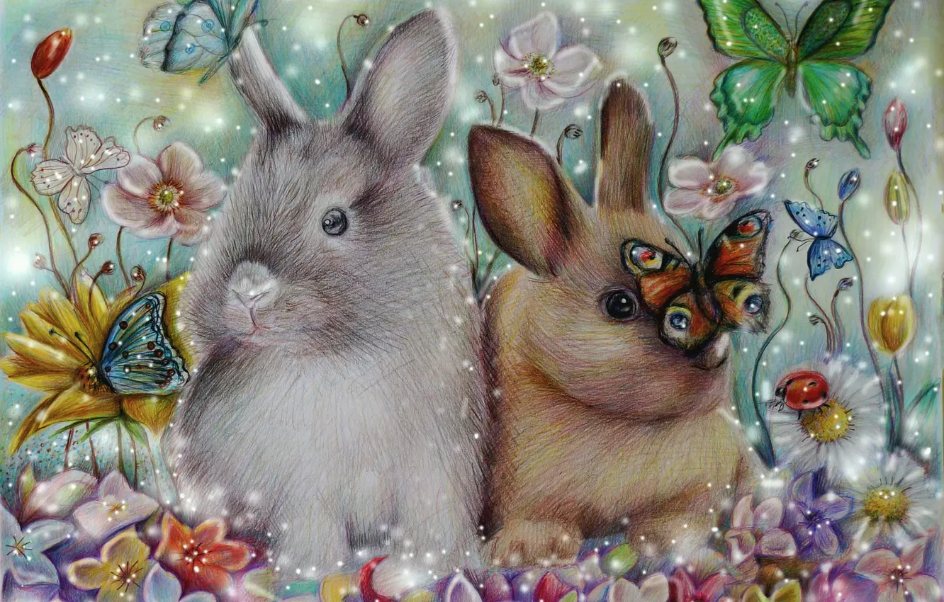 Фото обои бабочки, цветы, кролики, сирень, rabbits, Alena-Koshkar