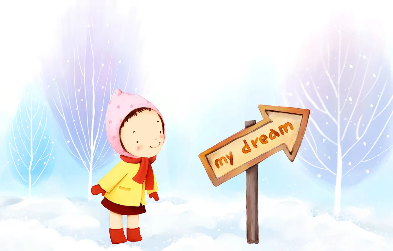 Фото обои зима, снег, деревья, указатель, девочка, шарфик, пальто, шапочка