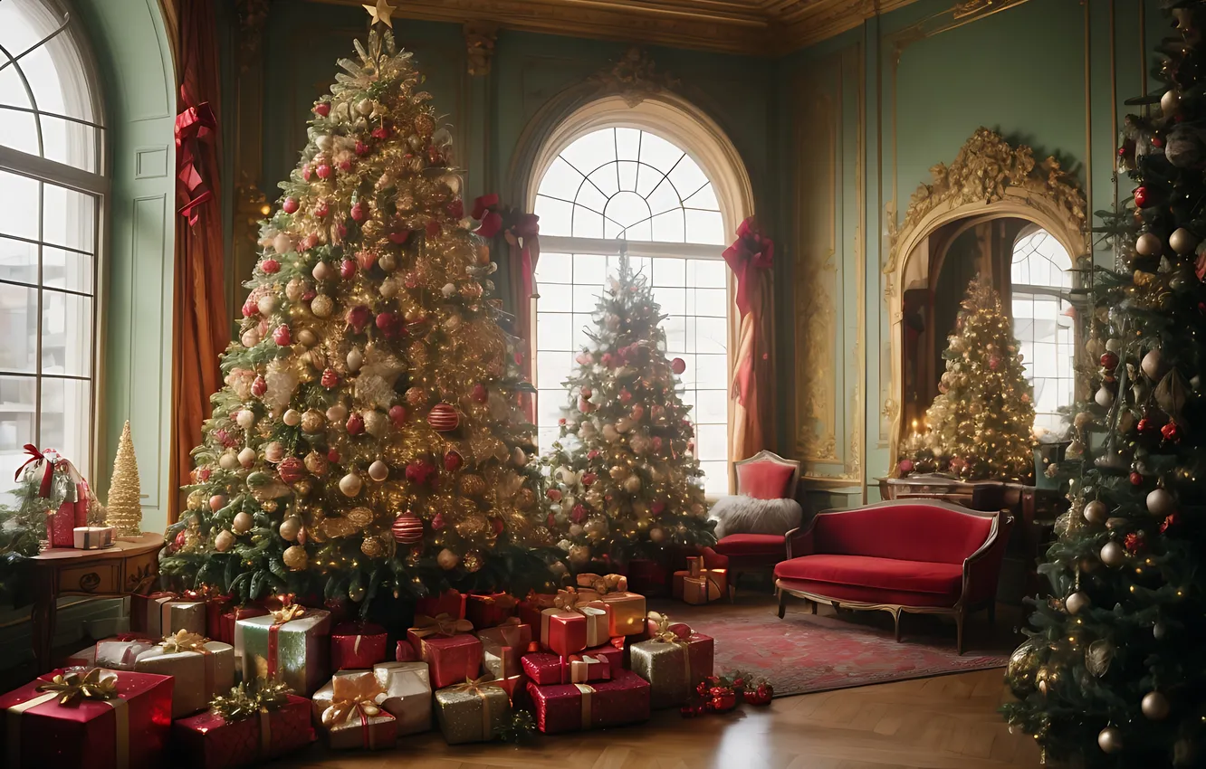 Фото обои комната, елка, интерьер, Рождество, Новый год, Christmas, tree, interior