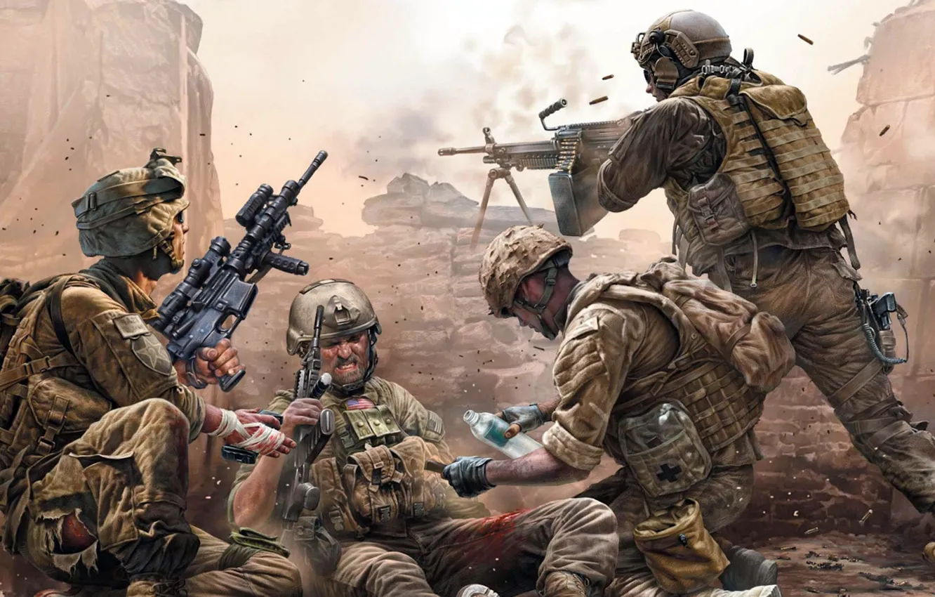 Фото обои война, солдаты, стрельба, раненый, Modern US infantry
