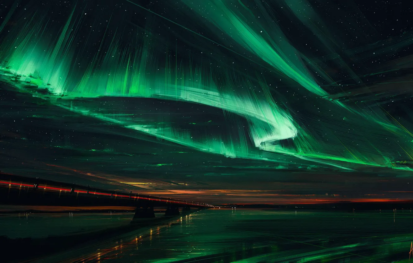 Фото обои небо, мост, Северное сияние, Northern Lights, Aenami, Alena Aenami, Алена Величко, Alena Velichko
