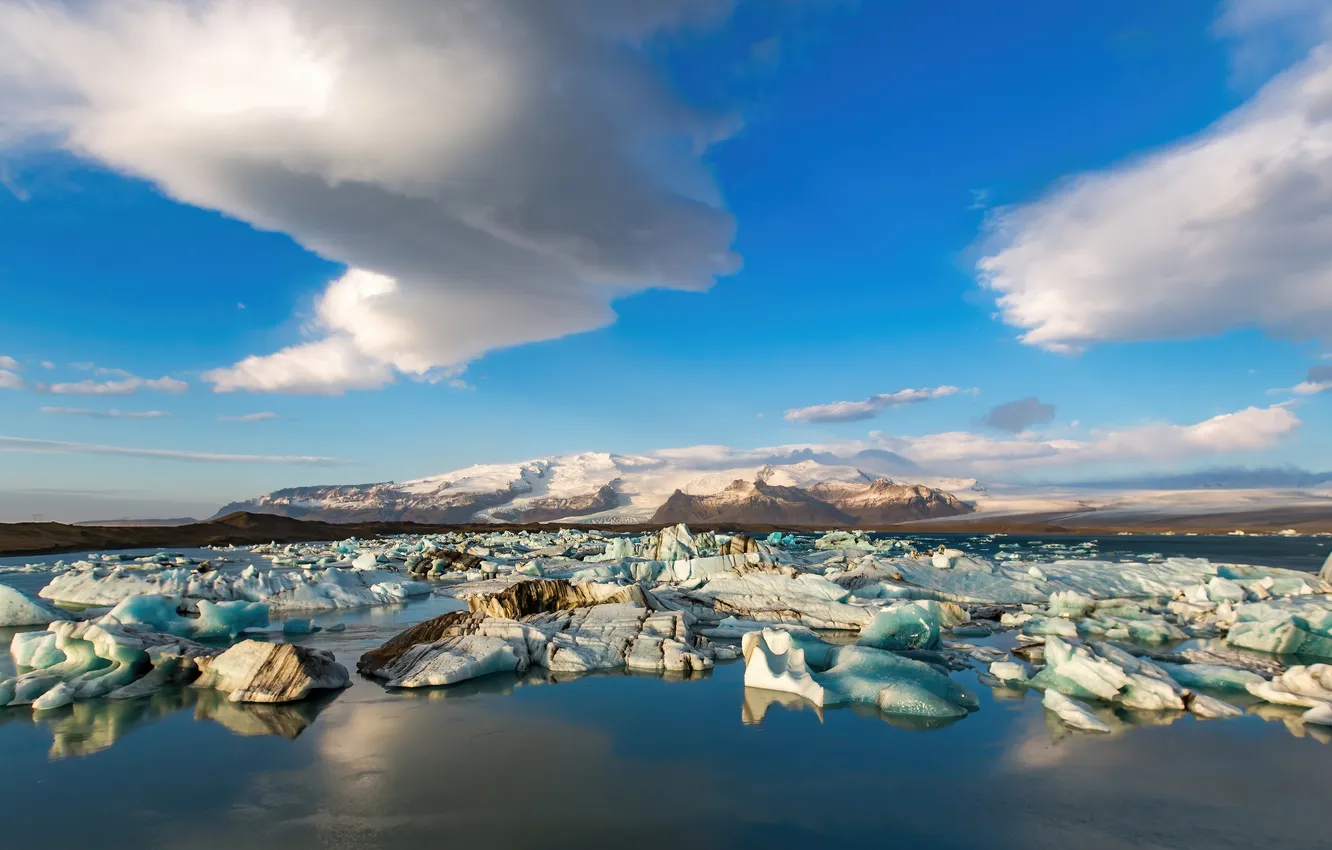 Фото обои облака, синева, лёд, ледник, льдины, водоем