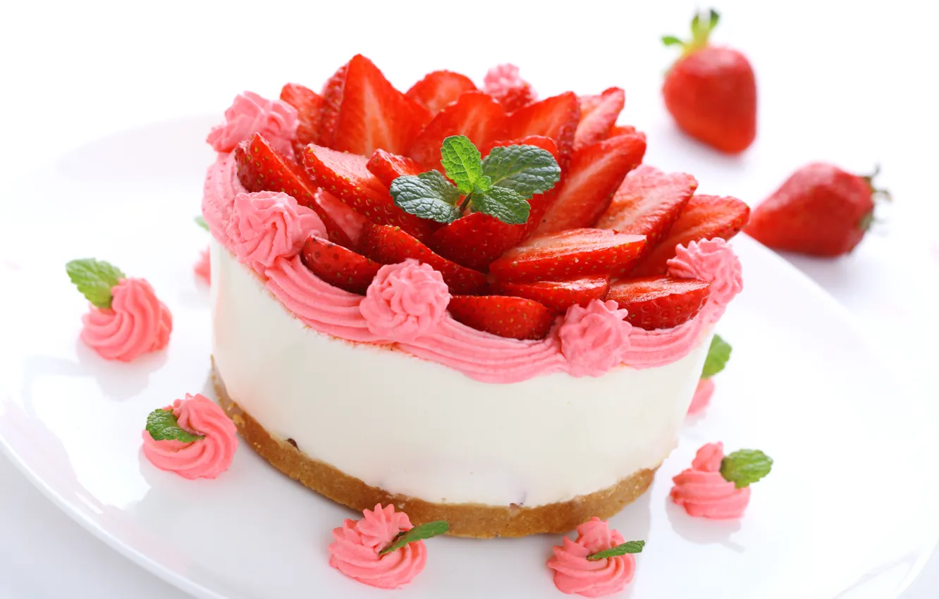 Фото обои ягоды, клубника, пирожное, крем, десерт, сладкое