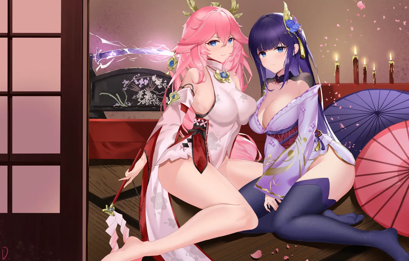 Фото обои Raiden Shogun, gadis kawaii, yae miko genshin impact