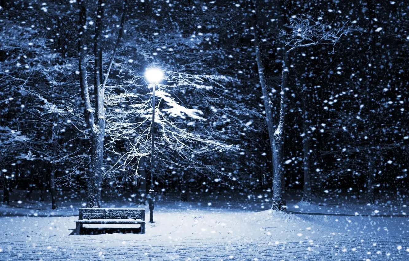 Фото обои зима, снег, скамейка, ночь, фонарь