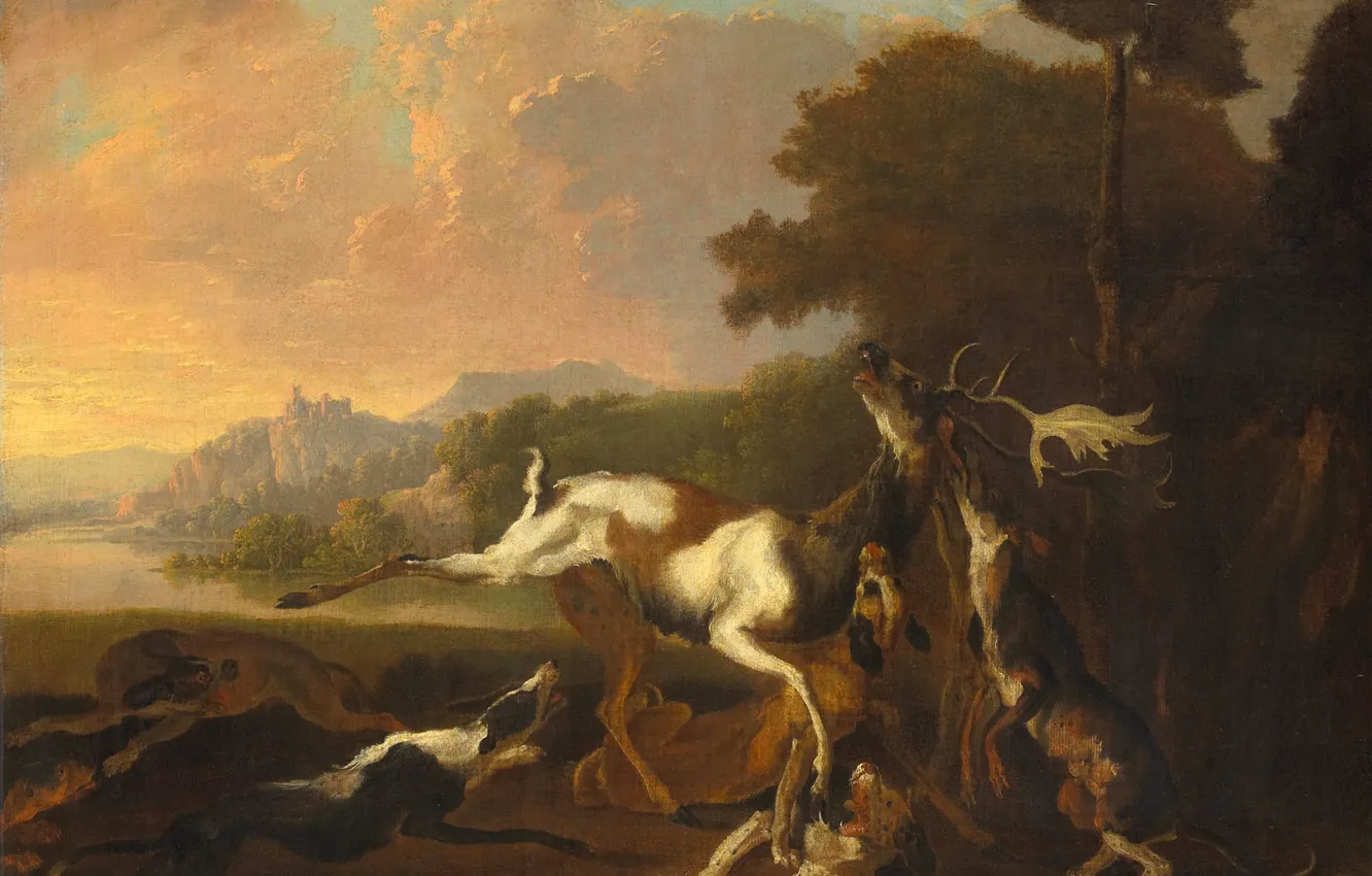 Фото обои животные, пейзаж, масло, картина, Охота на Оленя, Абрахам Даниельсон Хондиус