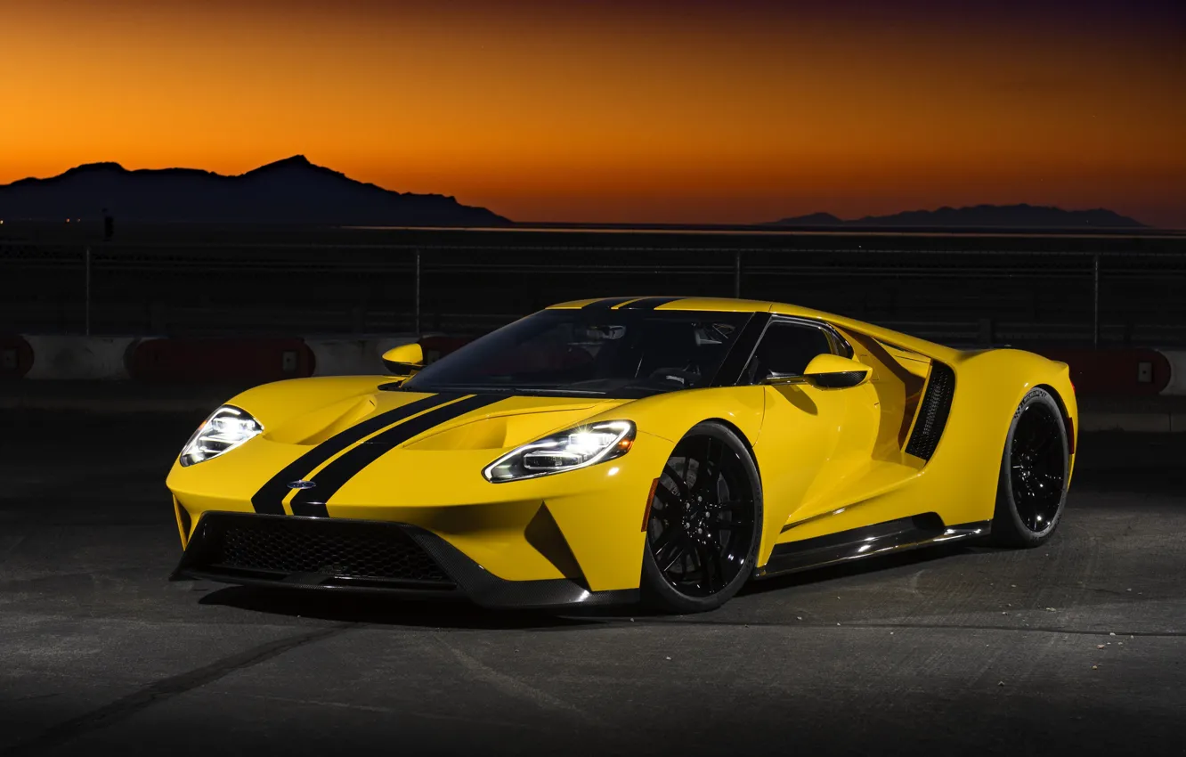 Фото обои car, Ford, Ford GT, yellow, night, montain