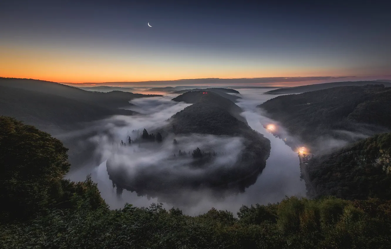 Фото обои ночь, туман, река, луна, Германия, Саар, Сааршляйфе