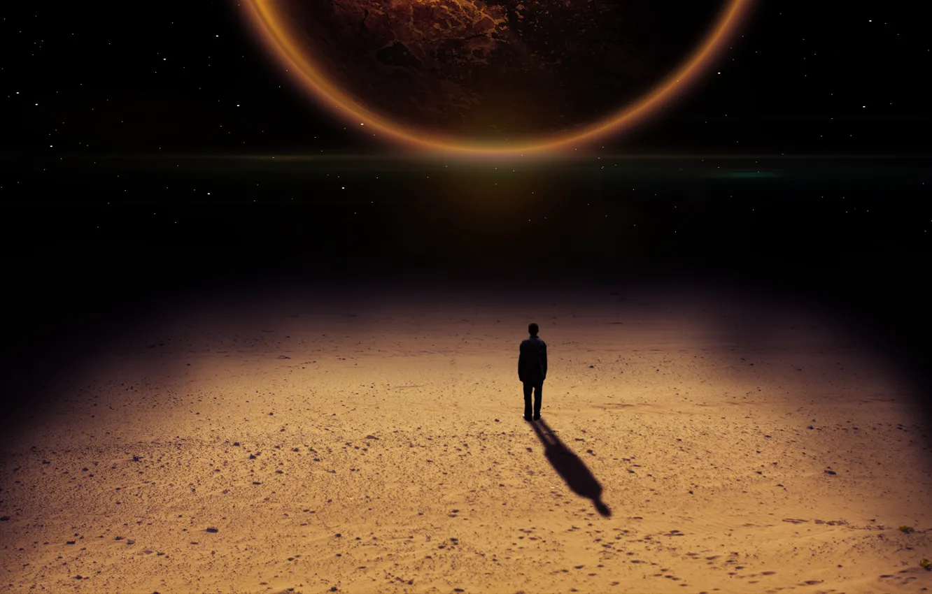 Фото обои песок, звезды, одиночество, человек, планета, тень