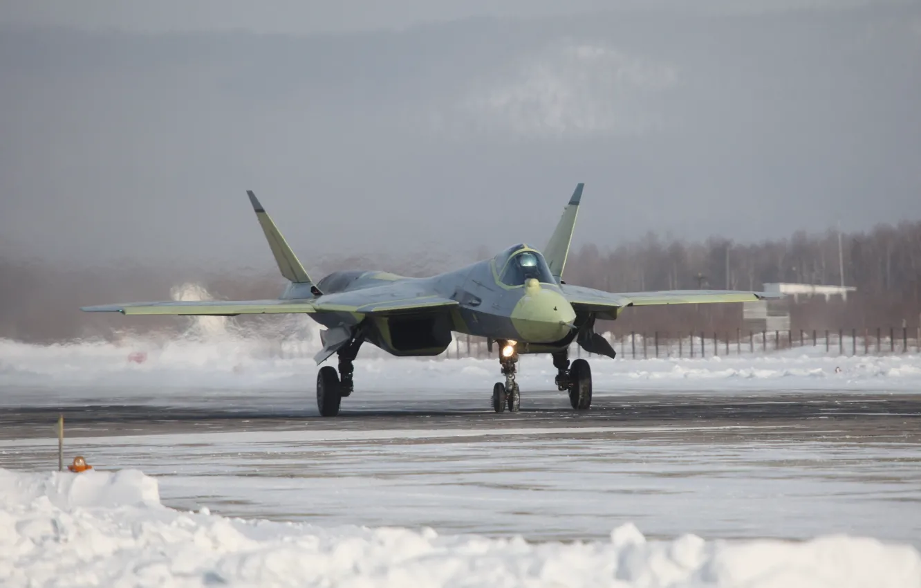 Фото обои зима, снег, аэродром, Т-50, Российский, ПАК ФА, ОАК, многоцелевой истребитель