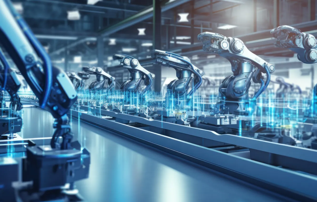 Фото обои robot, industrial, smart, arms, demonstrating, automate