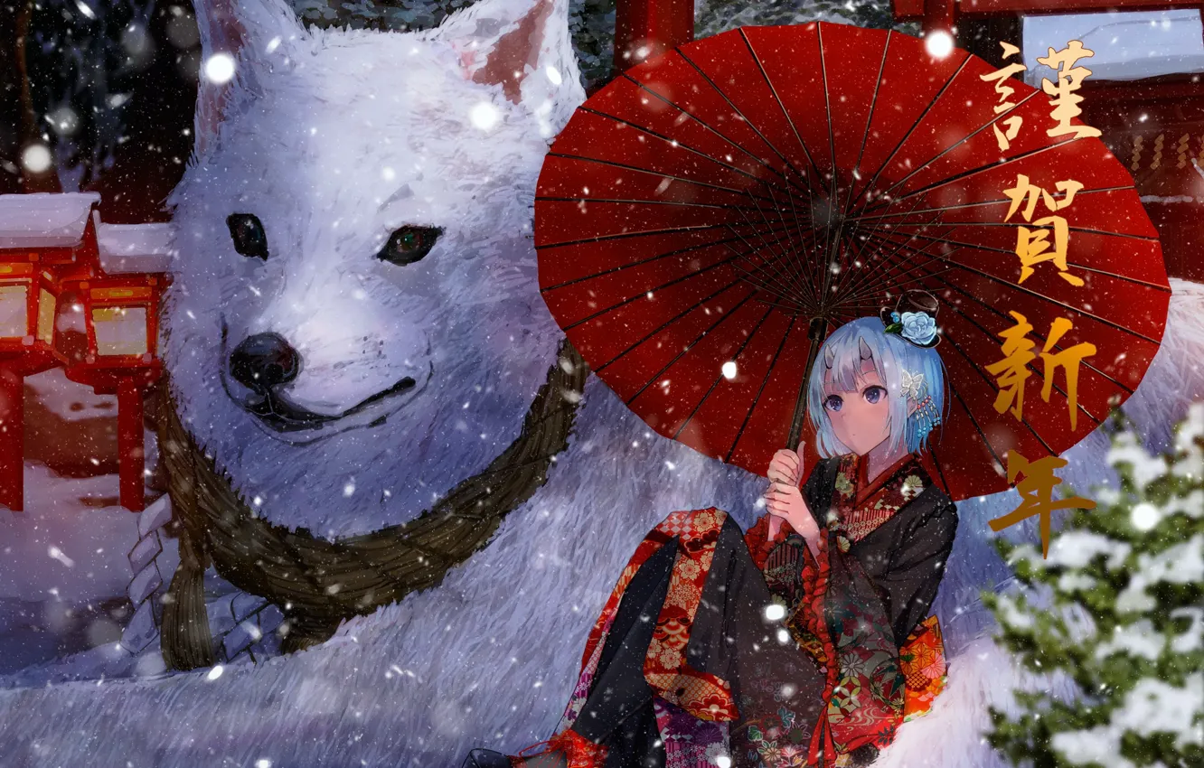 Фото обои девушка, снег, собака, арт, konkito
