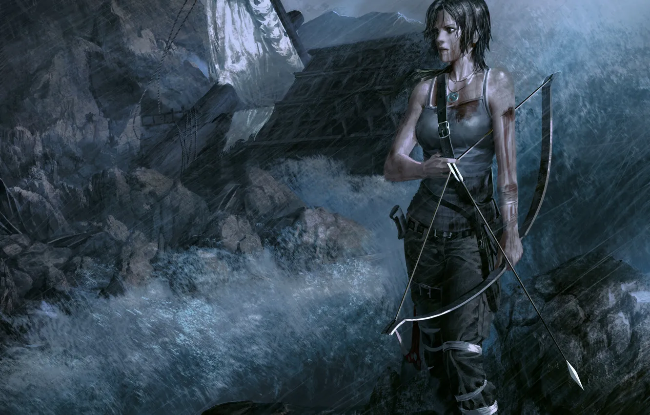 Фото обои девушка, дом, камни, оружие, лук, арт, стрела, Lara Croft