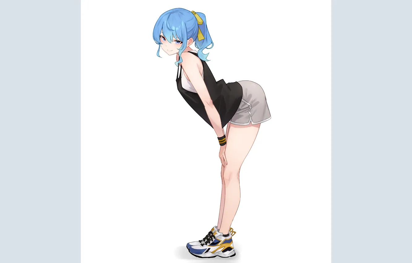 Фото обои blue eyes, ponytail, thighs, bent over, blue hair, looking at viewer, Hololive, Hoshimachi Suisei