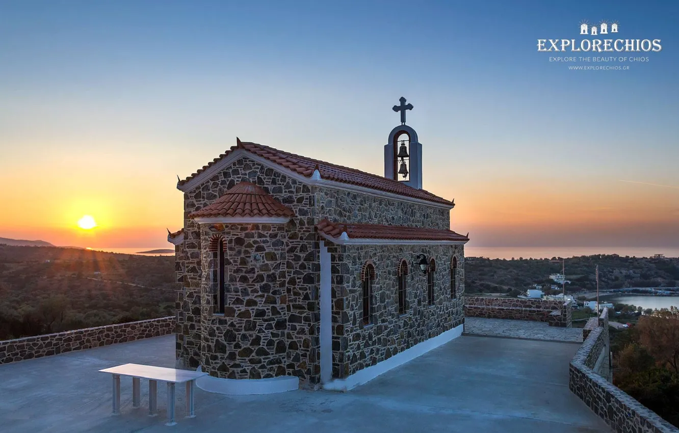 Фото обои sunset, greece, church, lithi, chios, agios nikolaos