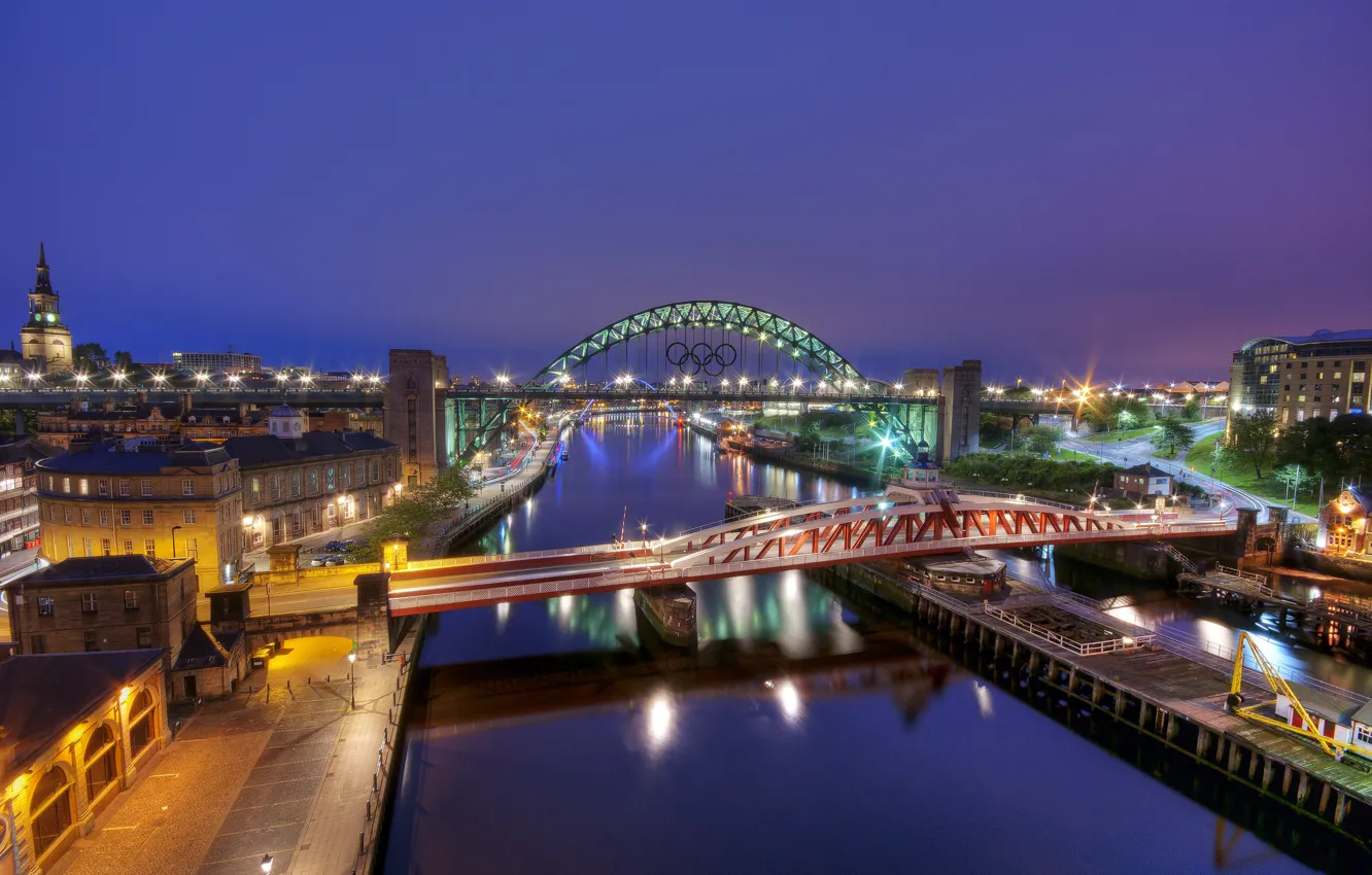 Фото обои река, Англия, мосты, ночной город, England, Gateshead