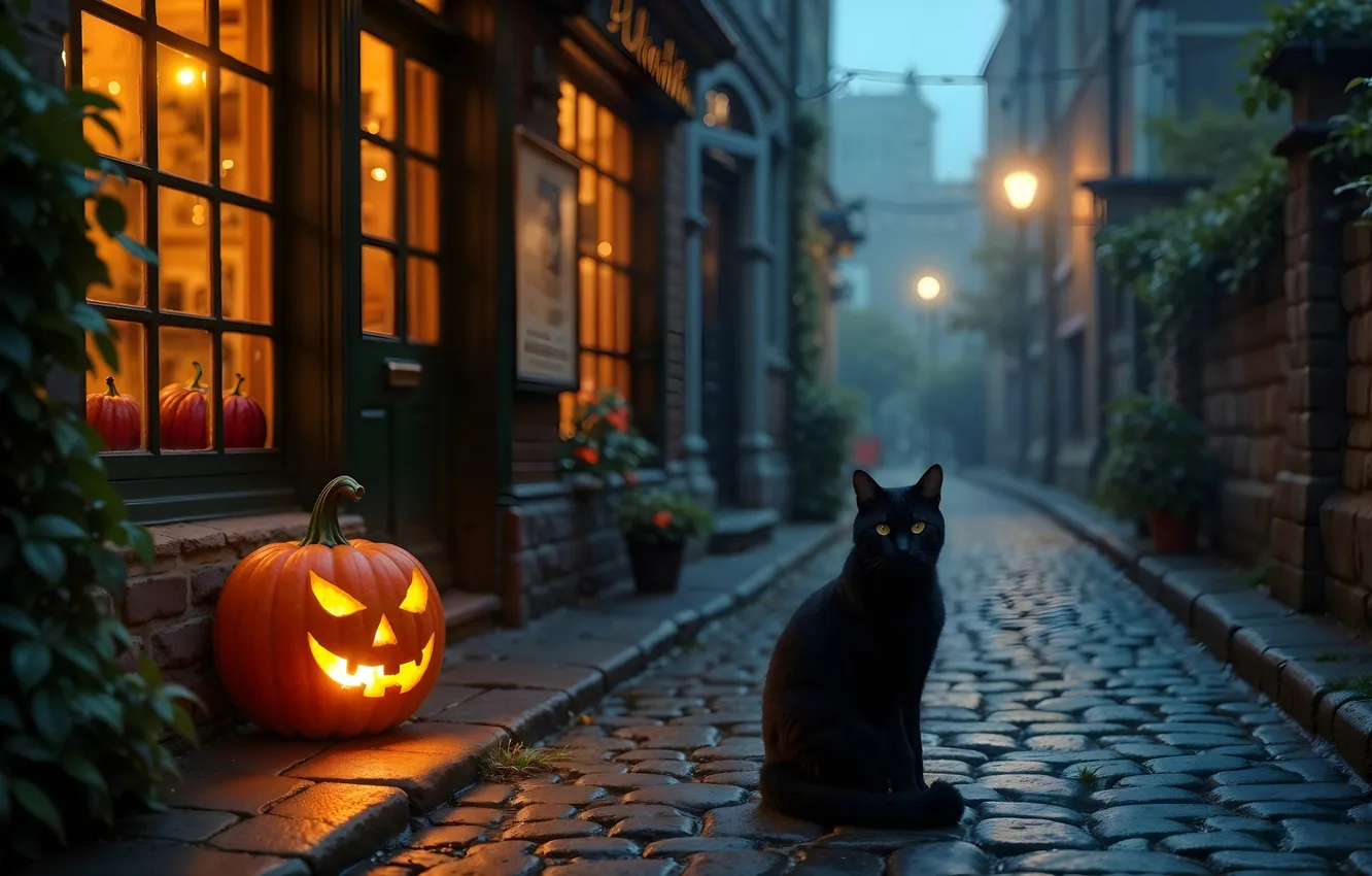 Фото обои дорога, кошка, кот, взгляд, город, огни, поза, туман