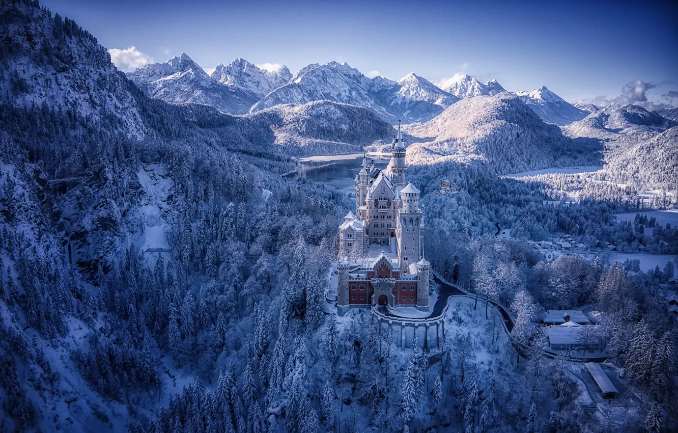 Фото обои зима, лес, горы, замок, Германия, Бавария, Germany, Bavaria