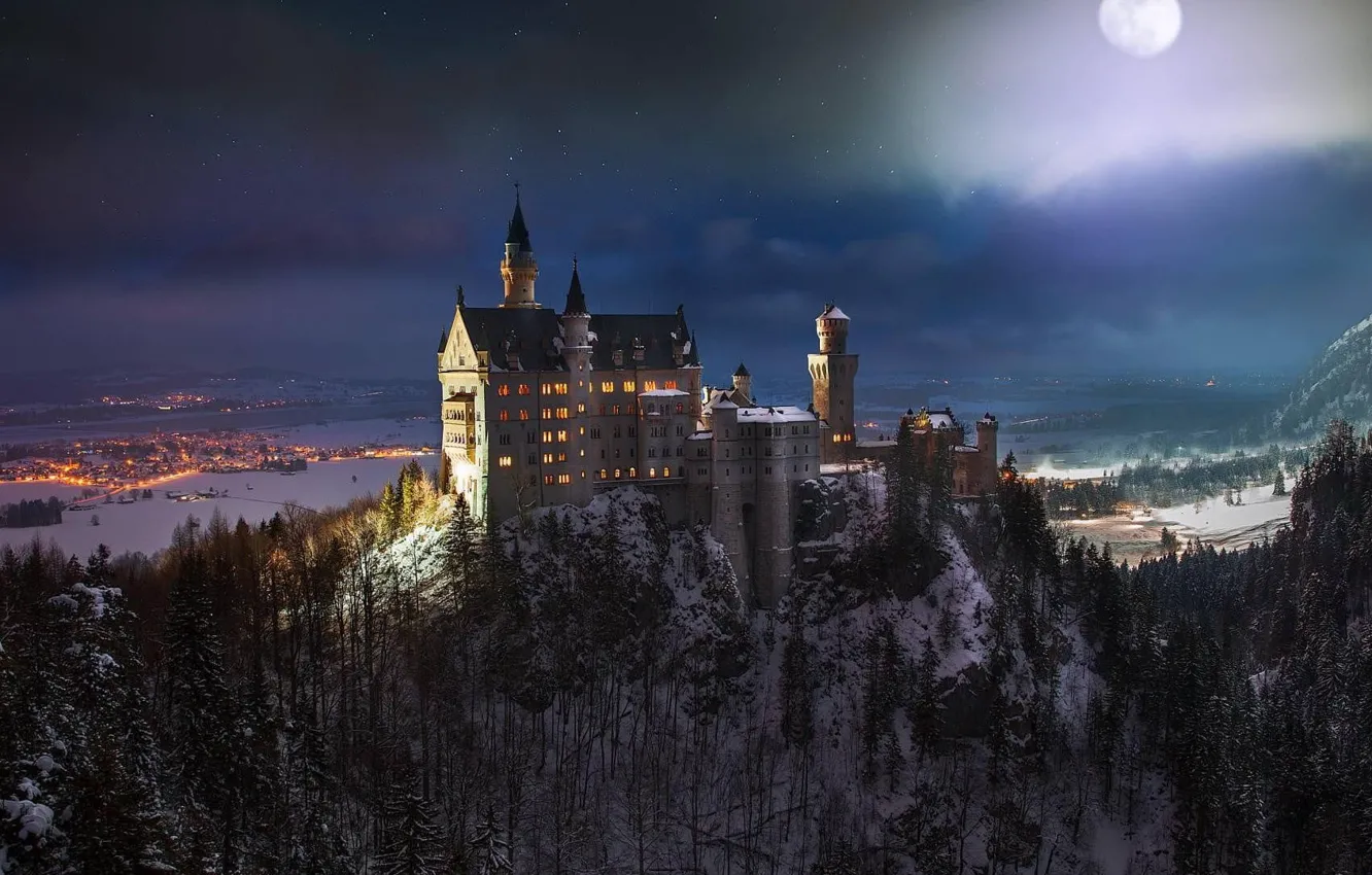 Фото обои Neuschwanstein, German, Moon, Nature, Clouds, Sky, Stars, Wood