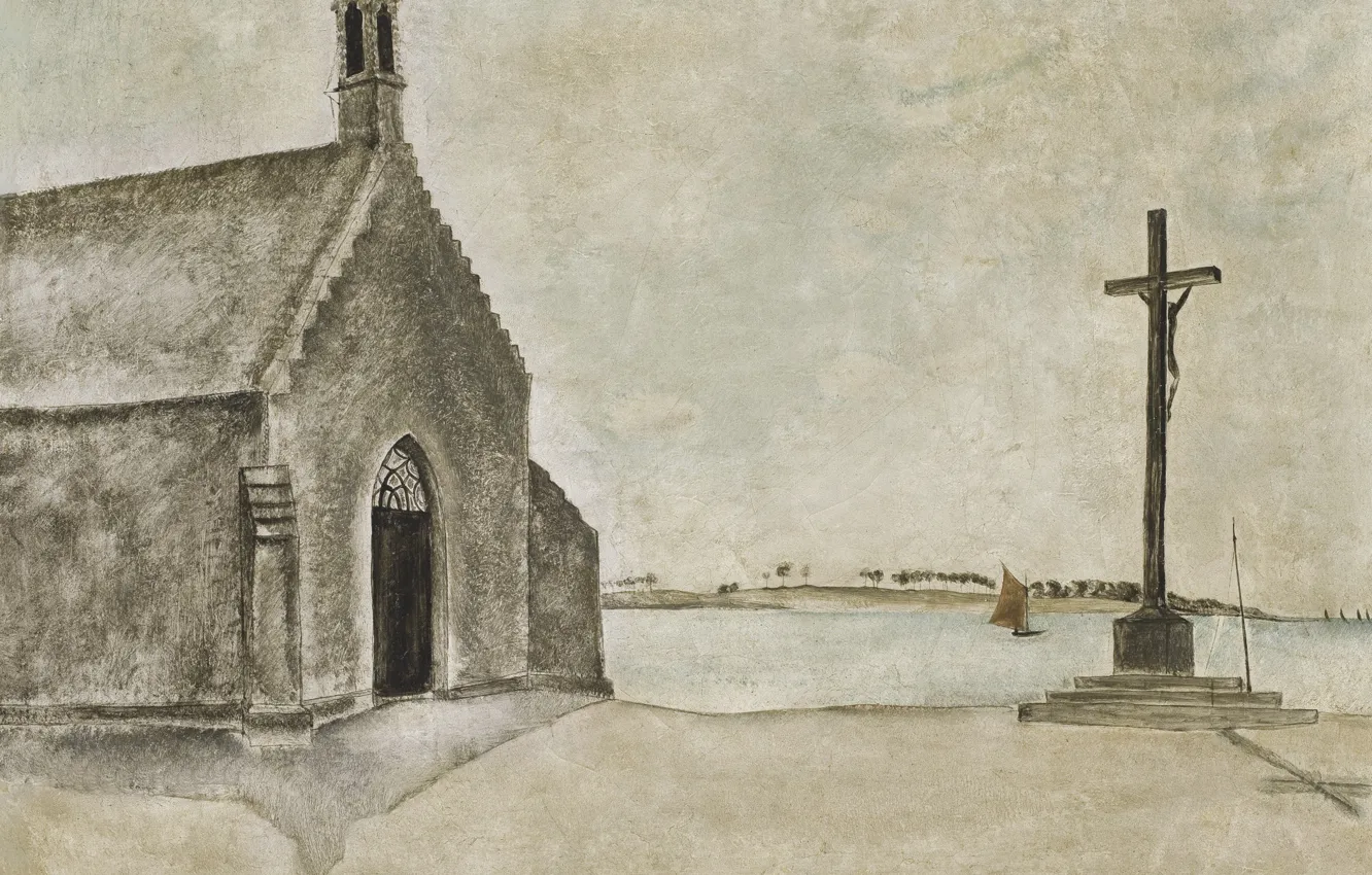 Фото обои река, крест, 1920, Tsuguharu Foujita, Часовня Нотр-Дам-дю-Бон в Конкарно