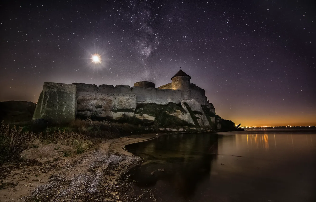 Фото обои ночь, луна, звёзды, Украина, Аккерман, Днестровский лиман, Белгород-Днестровская крепость