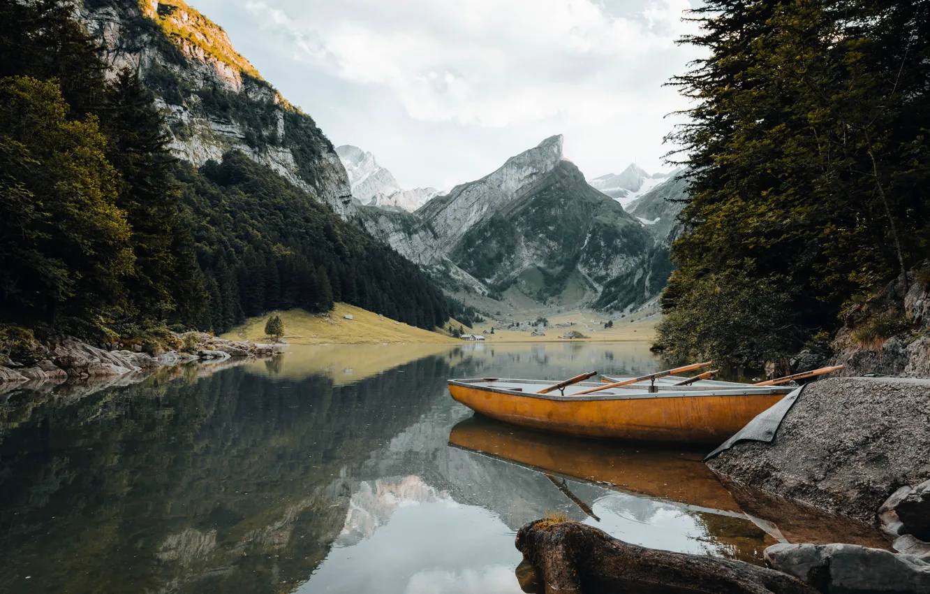 Фото обои Nature, Wood, Water, Mountain, River, Rocks, Trees, Boat