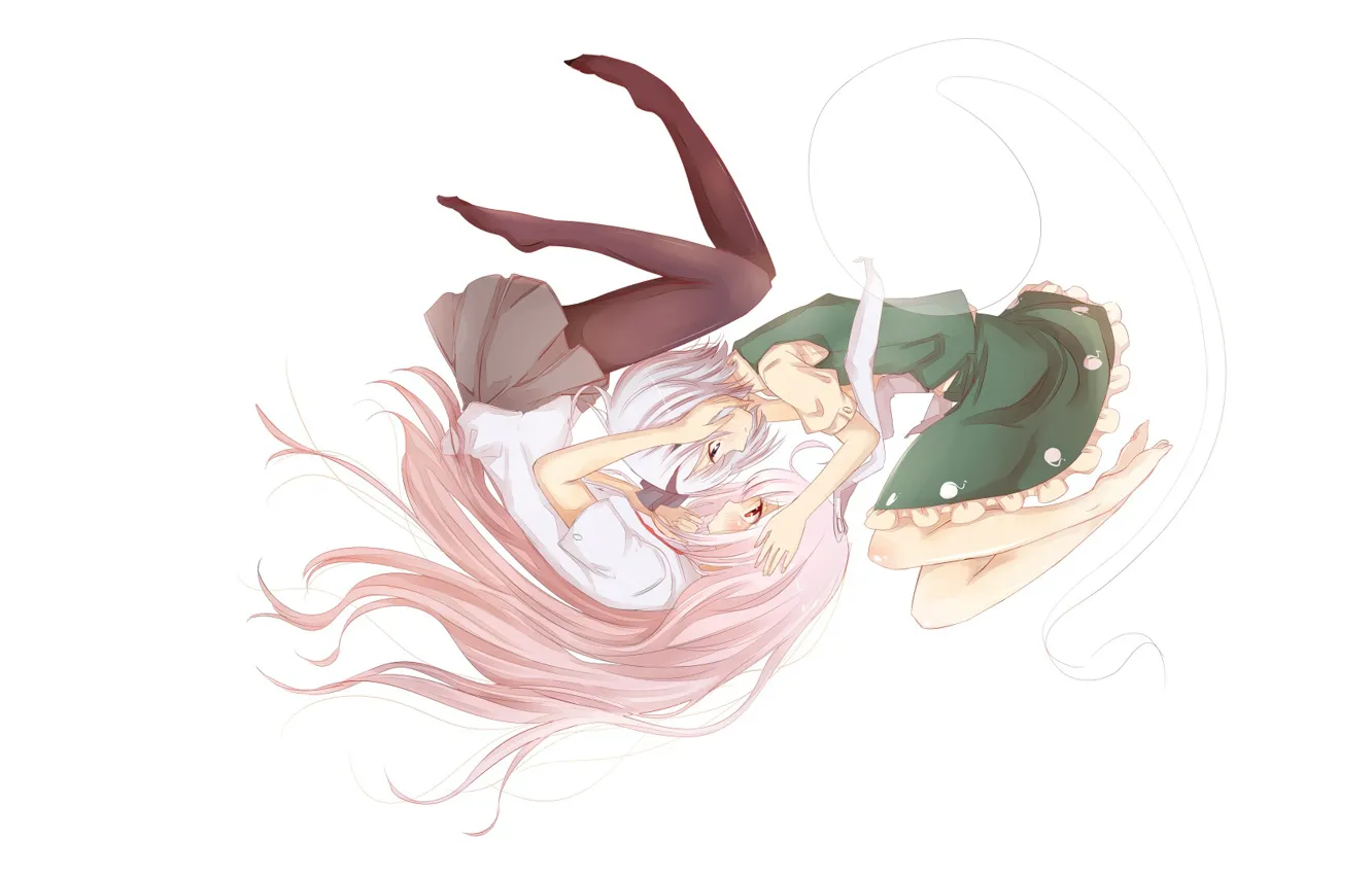 Фото обои белый фон, art, розовые волосы, Myon, Konpaku Youmu, Touhou Project, глаза в глаза, Проект Восток