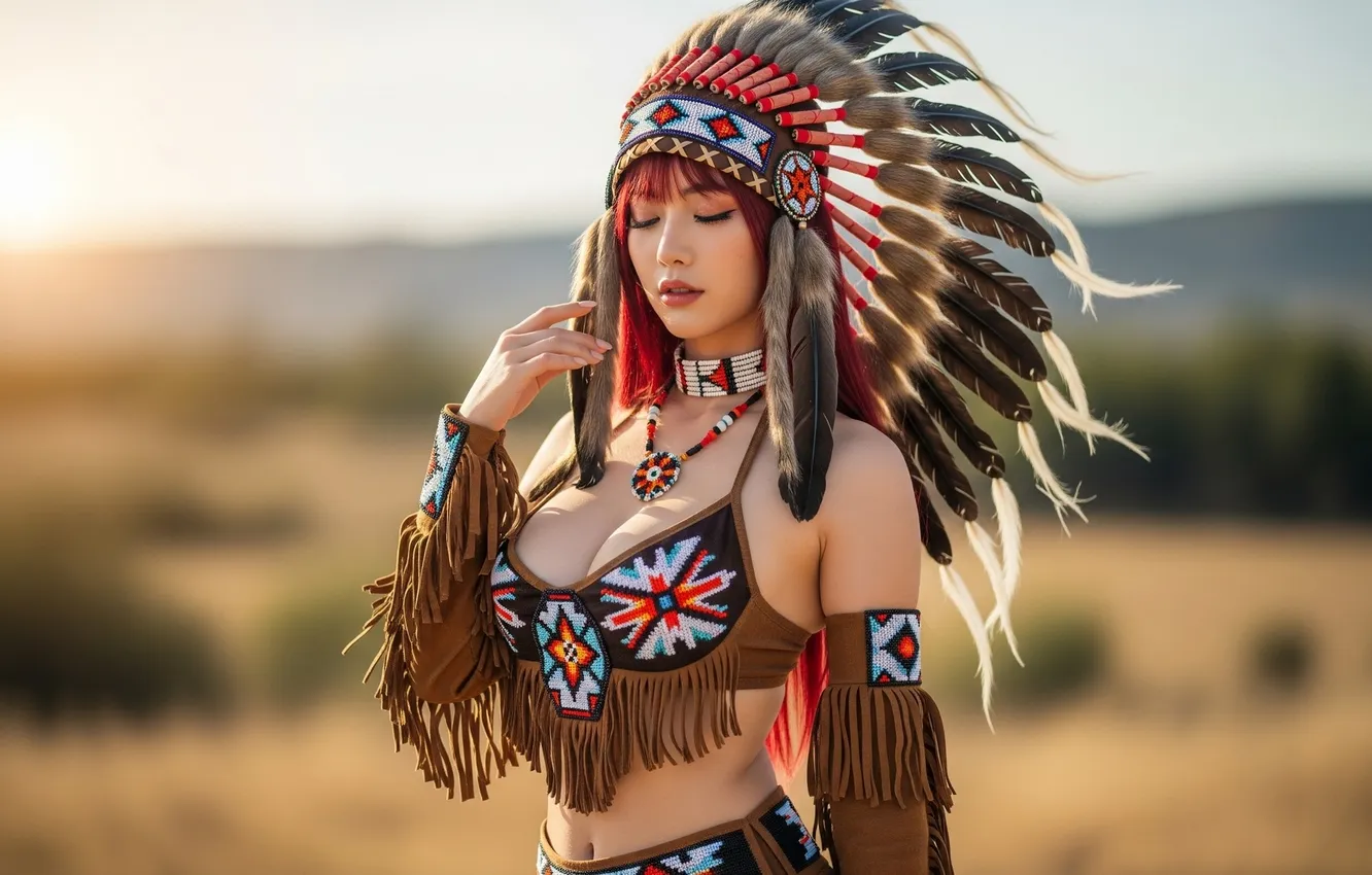Фото обои cleavage, redhead, asian, outdoors, native americans, AI Art