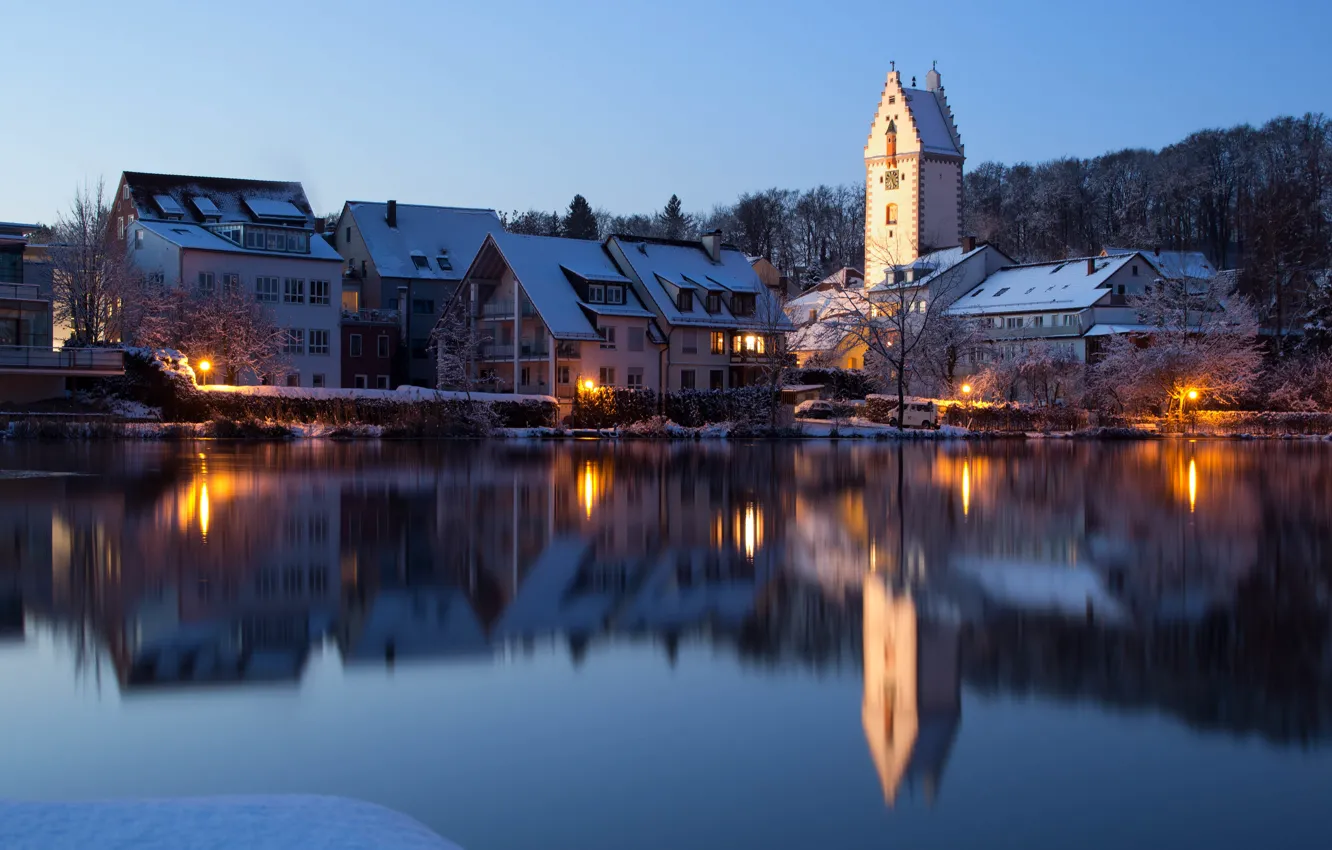 Фото обои зима, озеро, отражение, здания, башня, дома, Германия, Germany