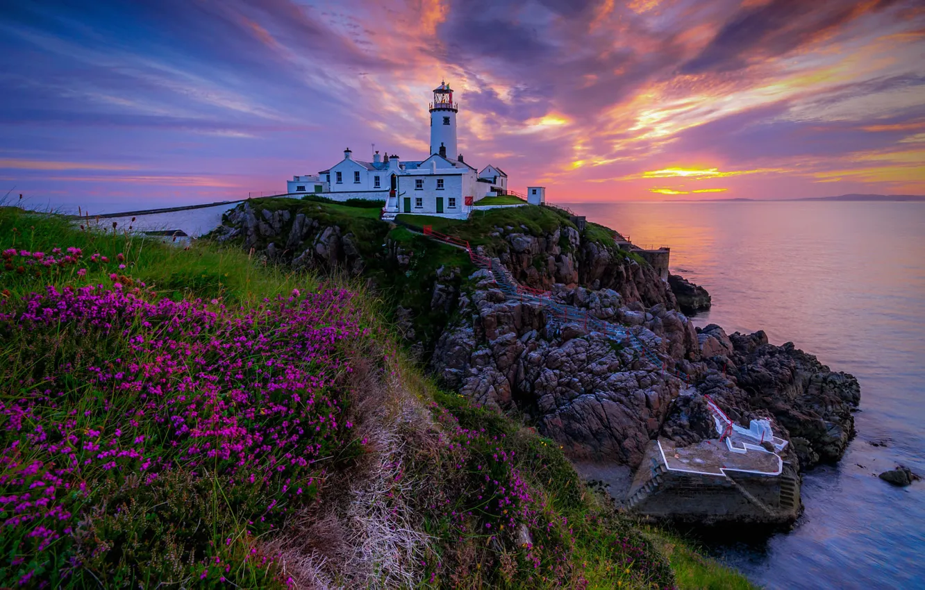 Фото обои море, пейзаж, скалы, рассвет, маяк, утро, Ирландия, Donegal