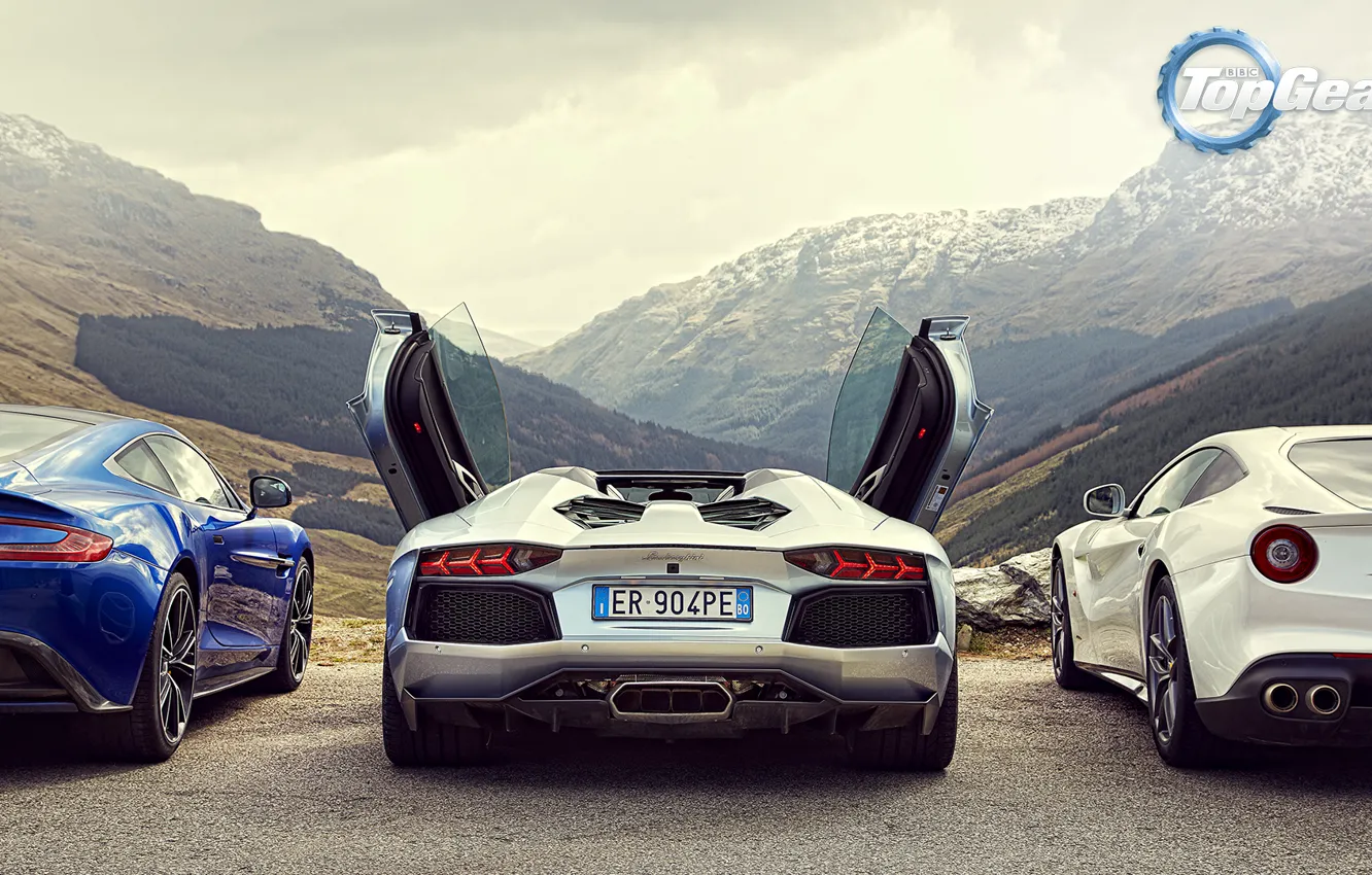 Фото обои Roadster, Горы, Lamborghini, Зад, Aston, Martin, Ferrari, Двери