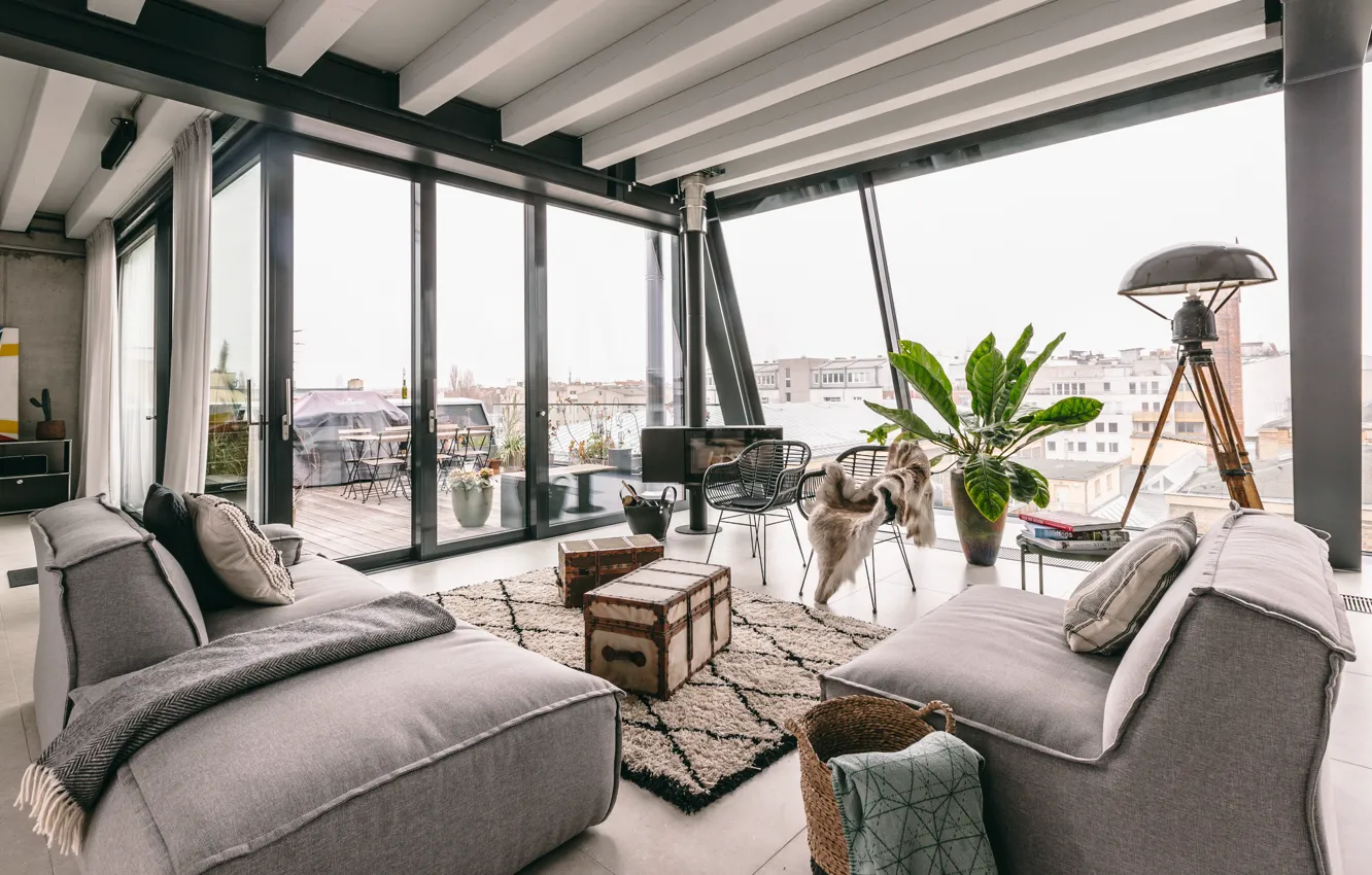 Фото обои интерьер, балкон, камин, гостиная, Penthouse in Berlin